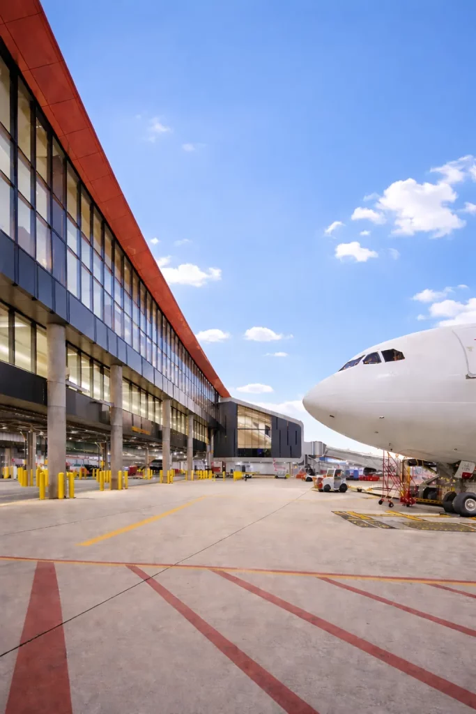 Boston Logan Airport terminal exterior with airplane